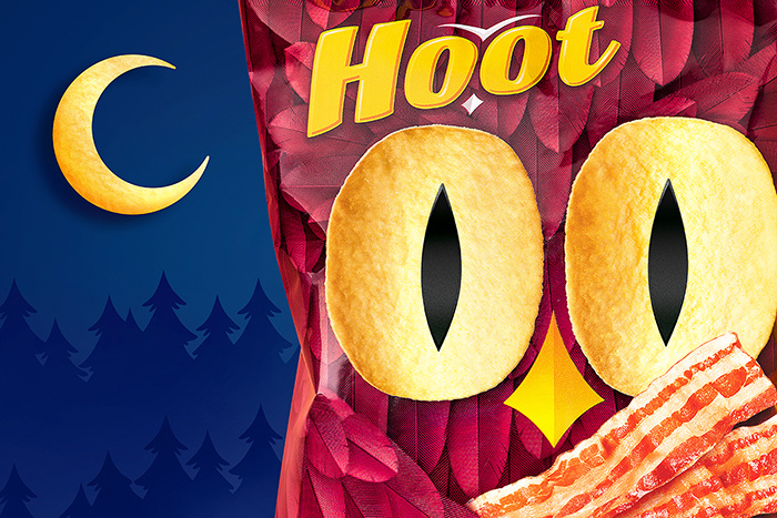 Hoot薯片貓頭鷹形象包裝設計，一雙貓頭鷹的大眼睛極具趣味性和情感性