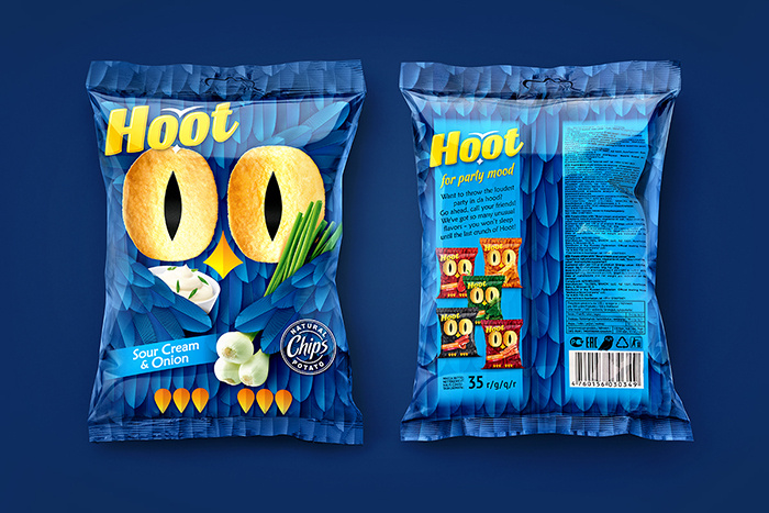 Hoot薯片貓頭鷹形象包裝設計，一雙貓頭鷹的大眼睛極具趣味性和情感性