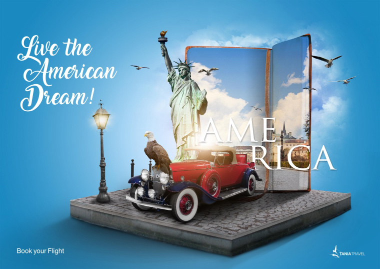 塔尼亞旅行社旅游廣告“預(yù)定航班-美國生活”平面創(chuàng)意賞析-上海廣告設(shè)計公司