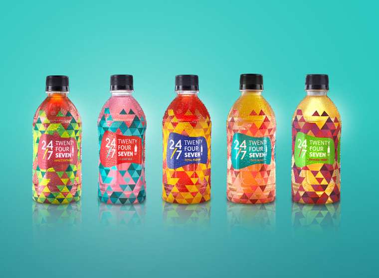 24/7品牌草本植物飲料包裝設計，五顏六色的幾何三角色塊風格包裝設計
