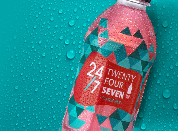 24/7品牌草本植物飲料包裝設計，五顏六色的幾何三角色塊風格包裝設計