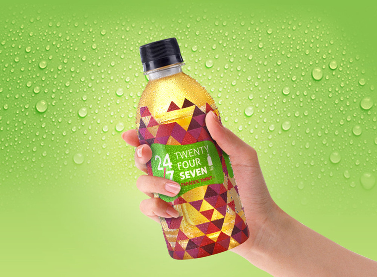 24/7品牌草本植物飲料包裝設計，五顏六色的幾何三角色塊風格包裝設計