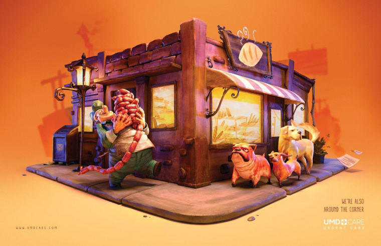  UMD緊急醫療護理平面廣告創意設計“相遇拐角處”卡通風格插畫設計