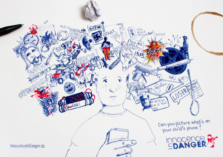 你能想象孩子手機上有什么嗎？ 保護兒童涂鴉繪畫公益廣告設計-純真的危險