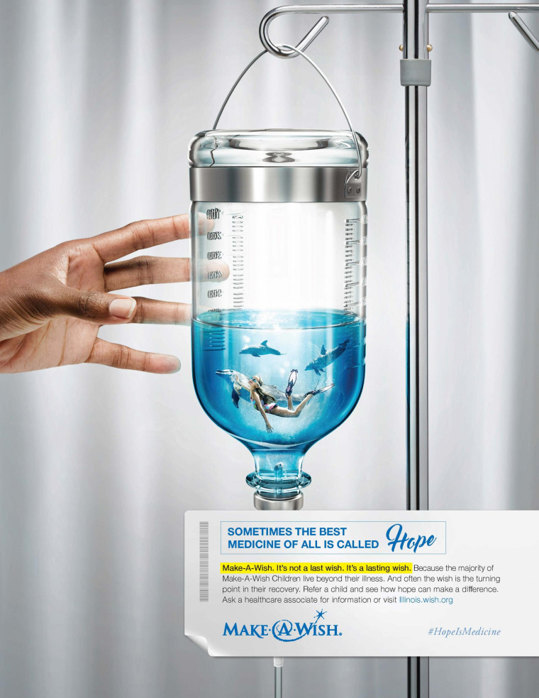 Make-A-Wish 基金會公益平面創意廣告設計“有時候最好的醫藥是希望”-海豚