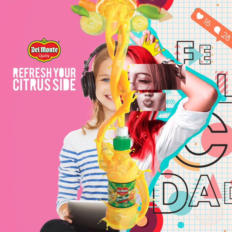 德爾蒙果汁飲料拼貼創(chuàng)意廣告設(shè)計(jì)“刷新你的一面柑橘汁”