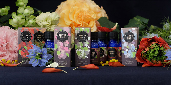 Oliver Rich 香薰精油油包裝設計，漂浮在空氣的抽象花瓣插畫設計