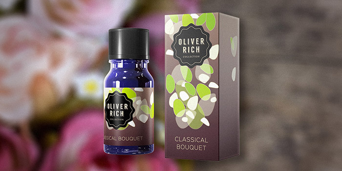 Oliver Rich 香薰精油油包裝設計，漂浮在空氣的抽象花瓣插畫設計
