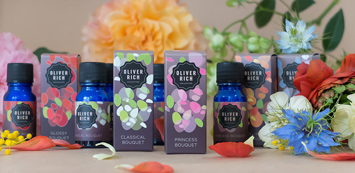 Oliver Rich 香薰精油油包裝設計，漂浮在空氣的抽象花瓣插畫設計