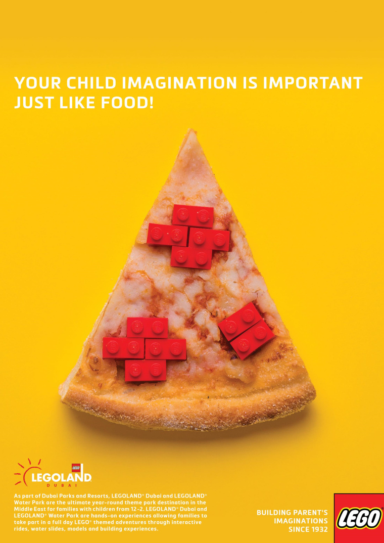 樂高玩具平面創意廣告設計“你孩子的想象力就像食物一樣重要”-披薩
