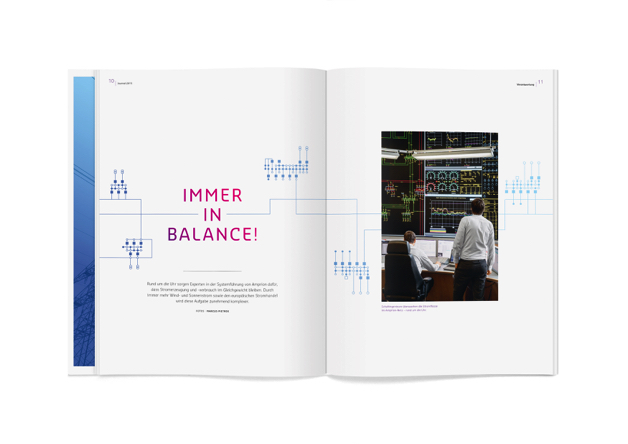 歐洲領(lǐng)先輸電運(yùn)營(yíng)商Amprion年度宣傳畫冊(cè)設(shè)計(jì)，藍(lán)粉漸變色營(yíng)造平靜的印象