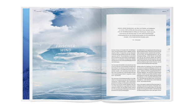 歐洲領(lǐng)先輸電運(yùn)營(yíng)商Amprion年度宣傳畫冊(cè)設(shè)計(jì)，藍(lán)粉漸變色營(yíng)造平靜的印象