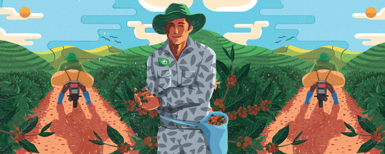 Cau Dat 農場咖啡茶葉包裝設計，采用環繞農場的插畫設計將全景感受融入其中