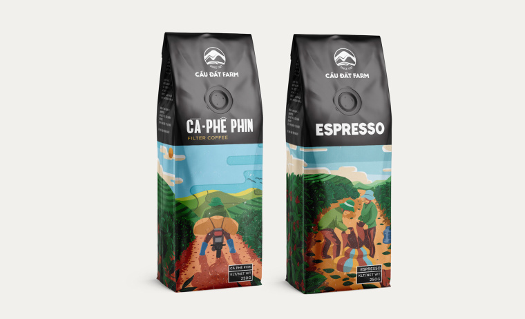 Cau Dat 農場咖啡茶葉包裝設計，采用環繞農場的插畫設計將全景感受融入其中