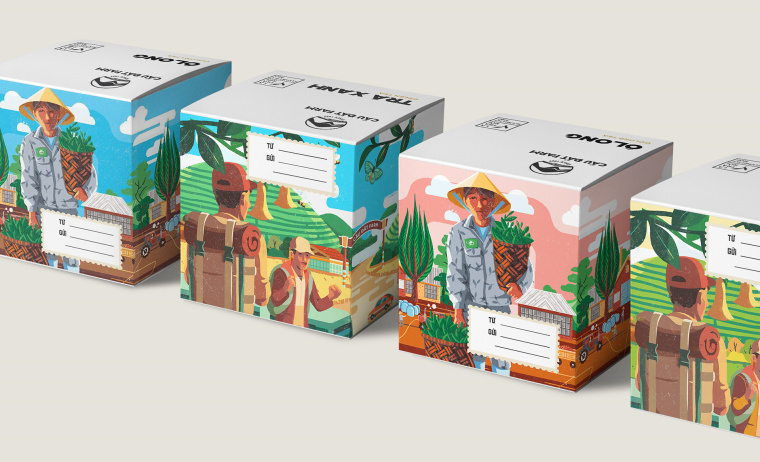 Cau Dat農場插畫式包裝設計，采用環繞設計將全景感受融入其中