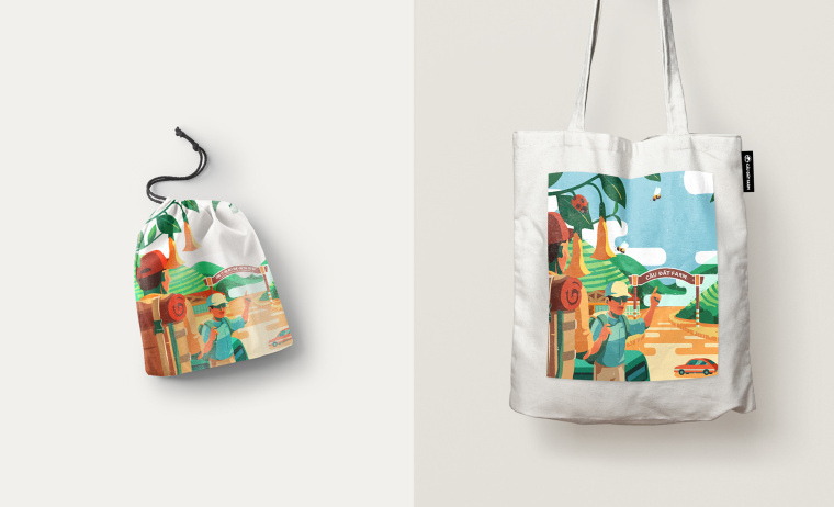 Cau Dat農場插畫式包裝設計，采用環繞設計將全景感受融入其中