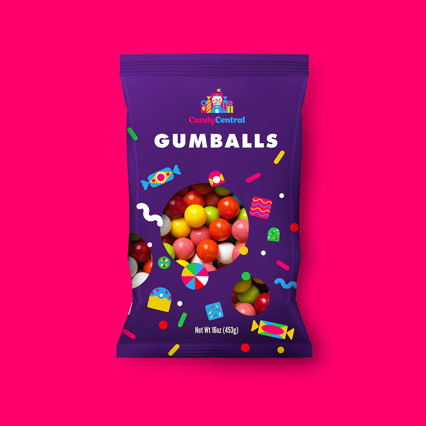 Candy central扁平化糖果包裝設計，糖果元素相融合與繪制可愛的卡通造型