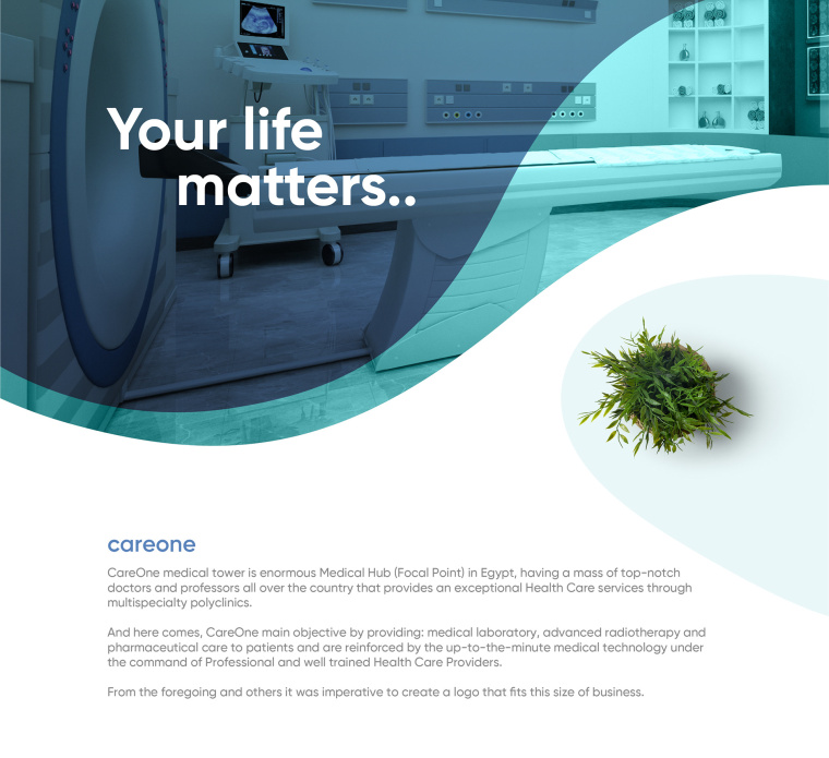 CareOne醫(yī)療機構品牌形象VI設計logo設計，藝術感醫(yī)生元素鑲嵌于旋轉字母C