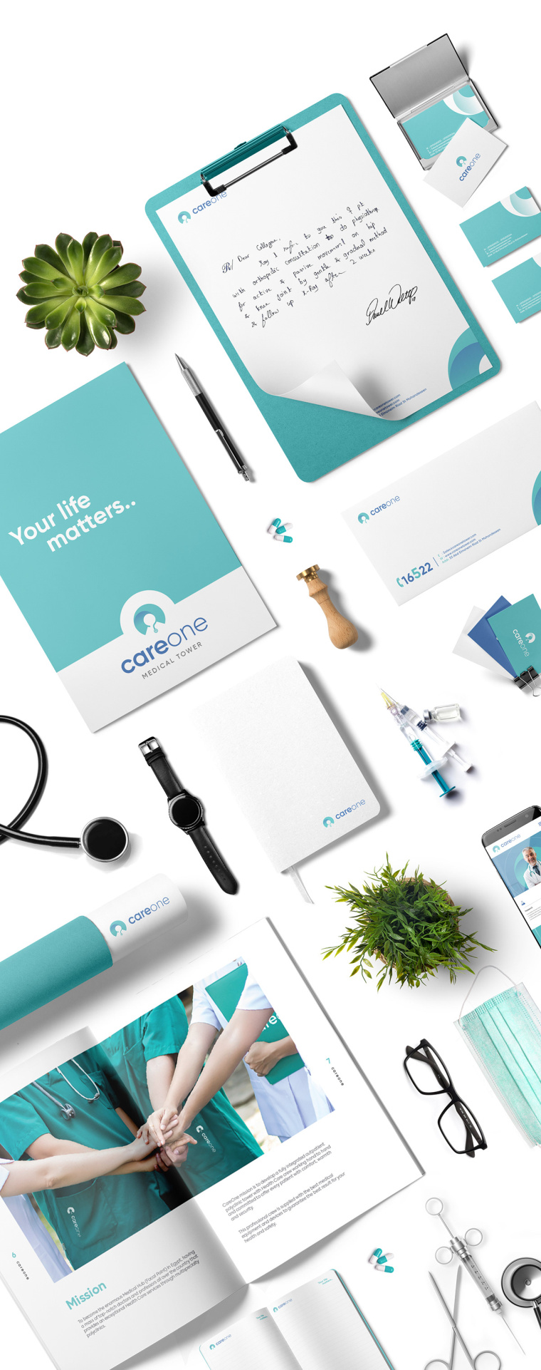 CareOne醫療機構品牌形象VI設計logo設計，藝術感醫生元素鑲嵌于旋轉字母C