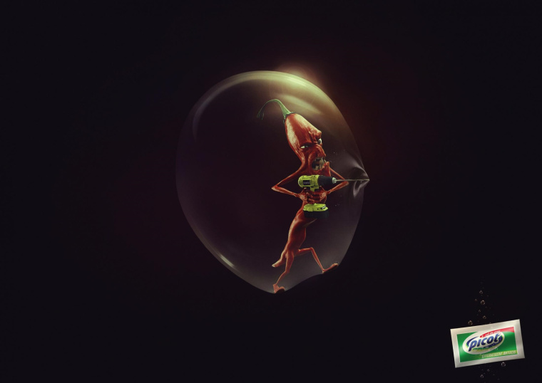 Picot泡騰抗酸劑平面廣告創意設計，以夸張手法表現出強大且持久的特點