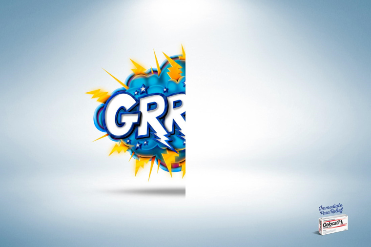 Gelocatil止痛藥平面廣告創意設計，以對比表現手法傳達止痛超過聲速的特點