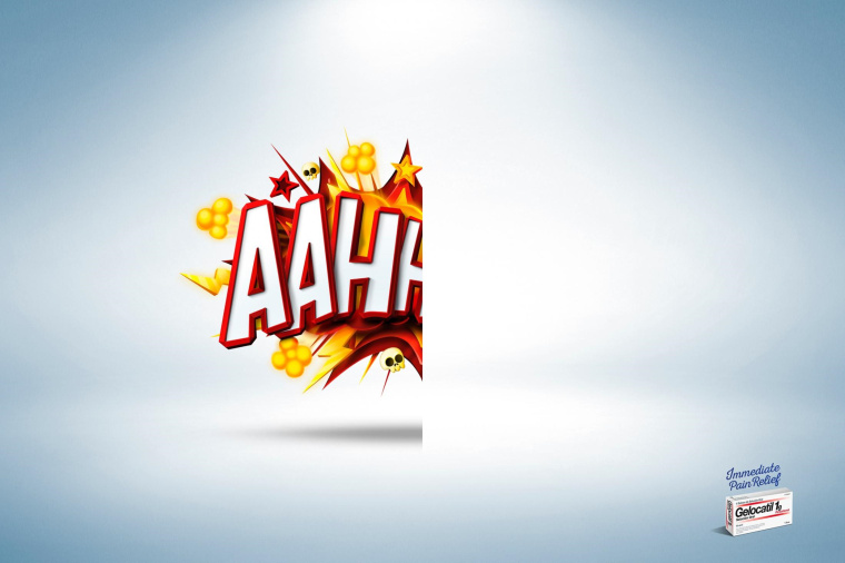 Gelocatil止痛藥平面廣告創意設計，以對比表現手法傳達止痛超過聲速的特點