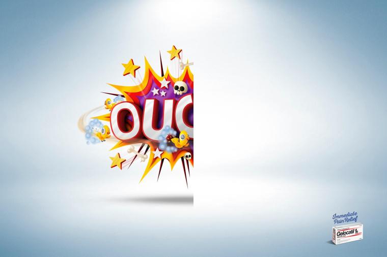 Gelocatil止痛藥平面廣告創意設計，以對比表現手法傳達止痛超過聲速的特點