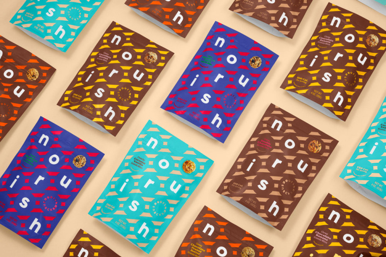 Nourish健康零食食品品牌包裝設計，色彩斑斕的條紋色塊來傳遞樂趣