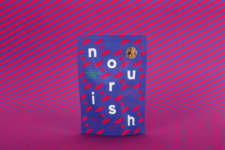 Nourish健康零食食品品牌包裝設計，色彩斑斕的條紋色塊來傳遞樂趣