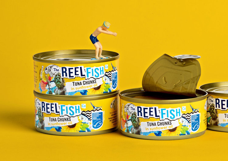 The Reel Fish 金槍魚罐頭包裝設計，大膽的配色和自由活潑的插圖