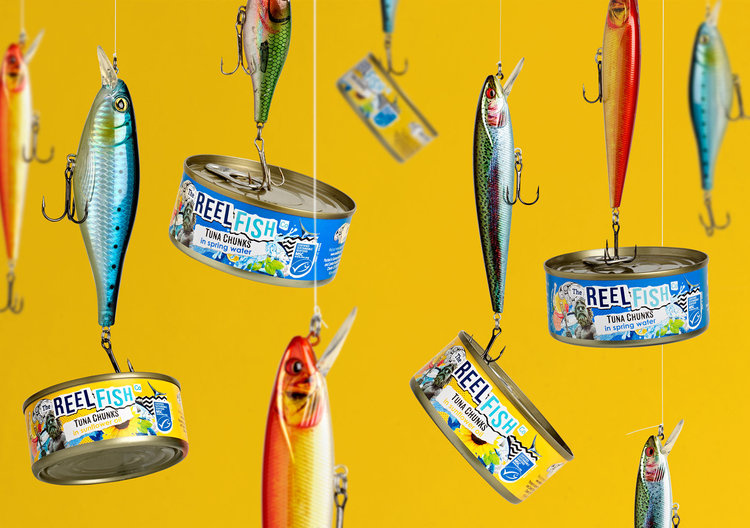 The Reel Fish 金槍魚罐頭包裝設計，大膽的配色和自由活潑的插圖