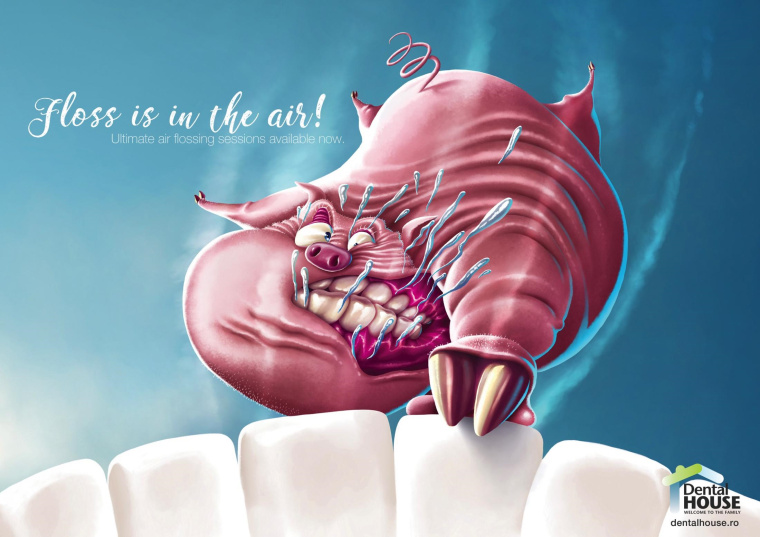 牙科之家終極空氣牙線平面廣告設計“牙線在空氣中”-豬