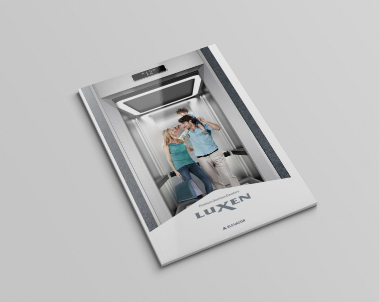 LUXEN電梯宣傳畫冊與產品樣本手冊設計，銀色工業科技風與生活感