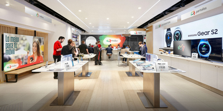 Mobu手機(jī)與移動配件零售連鎖店品牌logo設(shè)計(jì),動感的漸變色線條M字母logo