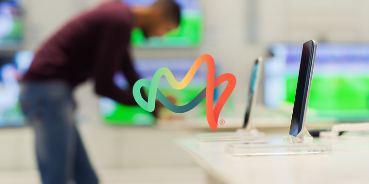 Mobu 手機(jī)及移動(dòng)配件零售連鎖店品牌logo設(shè)計(jì)，動(dòng)感的漸變色線(xiàn)條M字母logo