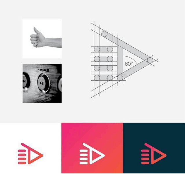logo設(shè)計(jì)過(guò)程圖示揭示logo設(shè)計(jì)靈感-三角形手播放音樂(lè)logo設(shè)計(jì)