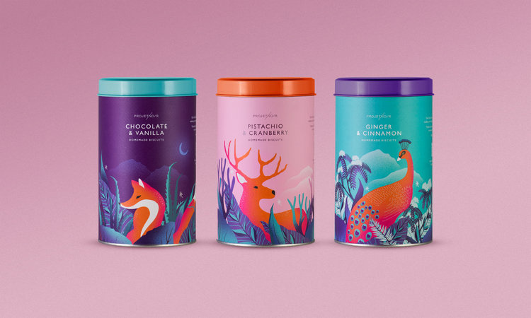 Noir 罐裝餅干禮盒包裝設計,非常美麗的藝術插畫（孔雀、狐貍、廘）