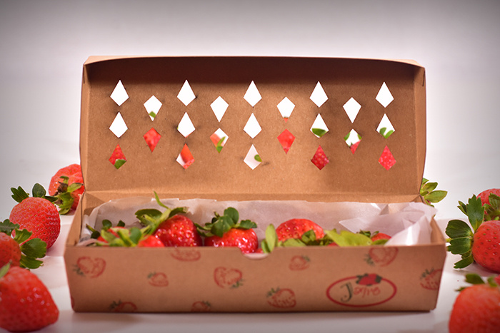 Jagpg草莓包裝設計，利于通風的菱形棋盤格鏤空孔洞盒型設計
