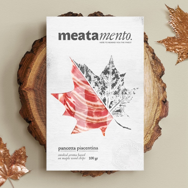Meatamento熏肉包裝設(shè)計(jì)，采用葉子造型的開(kāi)窗紙盒設(shè)計(jì)