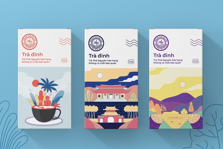 Dinh 茶葉包裝設計，扁平插畫藝術風格
