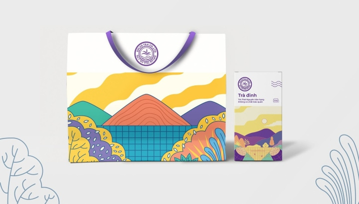 Dinh 茶葉包裝設計，扁平插畫藝術風格