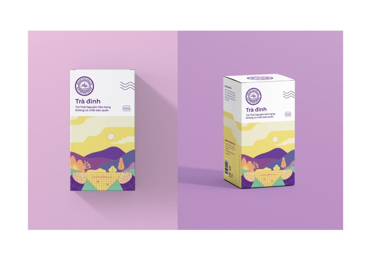 Dinh 茶葉包裝設計，扁平插畫藝術風格