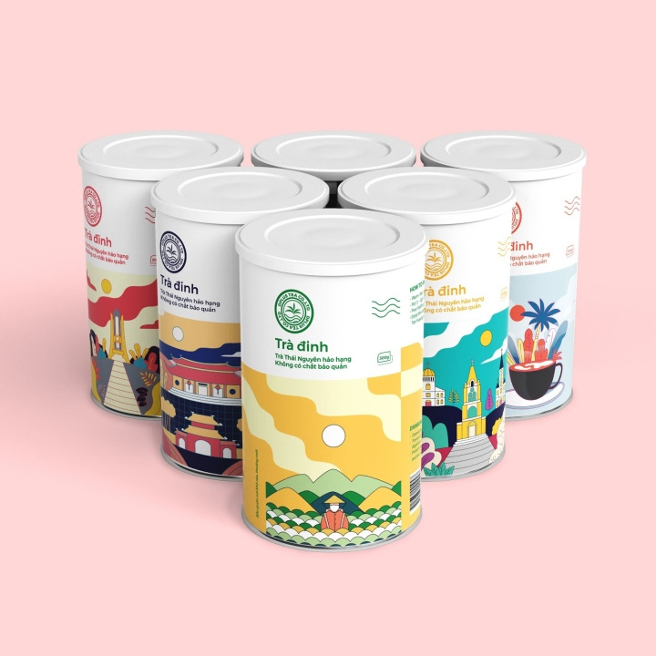 Dinh 茶葉包裝設計，扁平插畫藝術風格