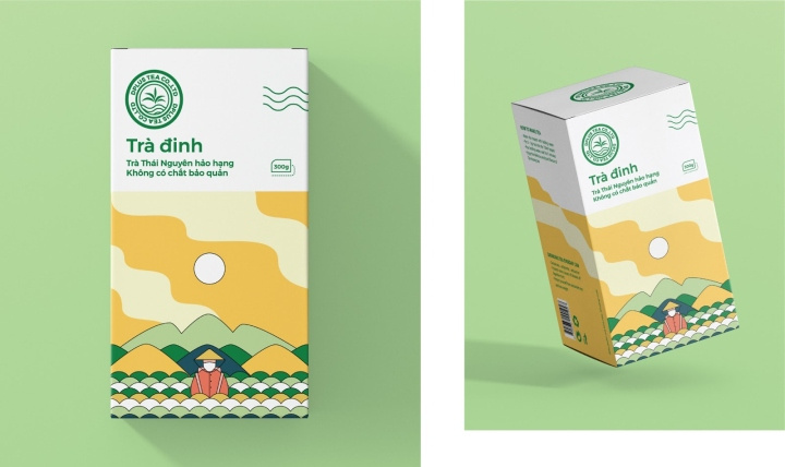Dinh 茶葉包裝設計，扁平插畫藝術風格