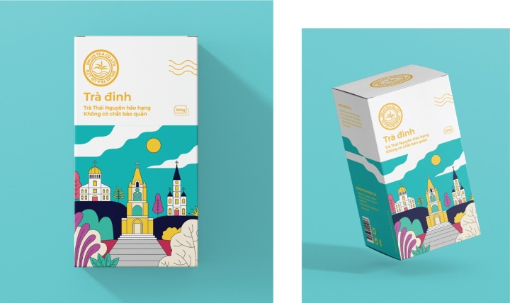 Dinh 茶葉包裝設計，扁平插畫藝術風格