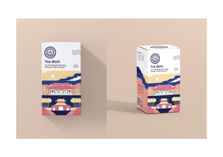 Dinh 茶葉包裝設計，扁平插畫藝術風格