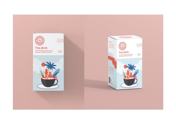 Dinh 茶葉包裝設計，扁平插畫藝術風格