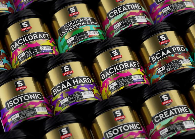Sportline運動營養補充劑包裝設計，金屬風+多彩色，展現運動活力