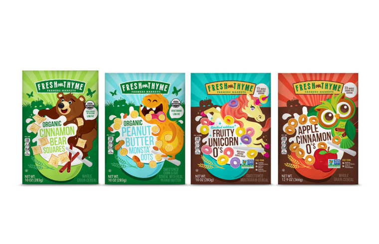 Fresh Thyme 兒童與成人谷物系列有機(jī)食品包裝設(shè)計，大膽醒目的插畫