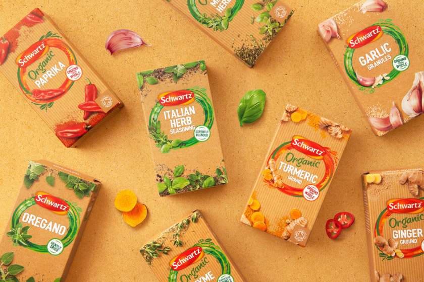 Schwartz 調料品包裝設計，展現了“味道，顏色和質地”
